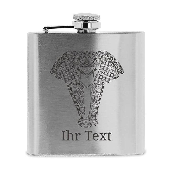 personalisierbarer Flachmann aus Edelstahl mit Name – Elefant Zentangle – Taschenflasche mit Wunschg