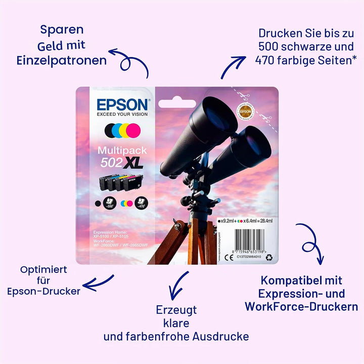 Epson Original 502XL Tinte Fernglas Multipack 4-farbig XL, XP-5100 XP-5105 XP-5150 XP-5155 WF-2860DW