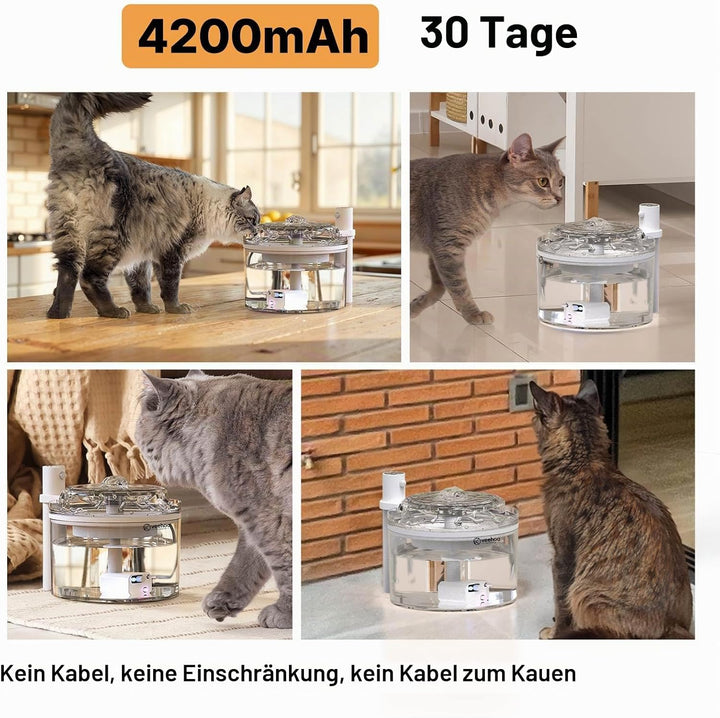 Veehoo Trinkbrunnen für Katze Kabellos, 1.8L Wiederaufladbar Katzenbrunnen mit Bewegungsmelder, Batt