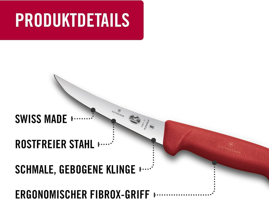 Victorinox Fibrox Ausbeinmesser, Scharfes Küchenmesser für Fleisch und Fisch, 12 cm, Gebogene Klinge
