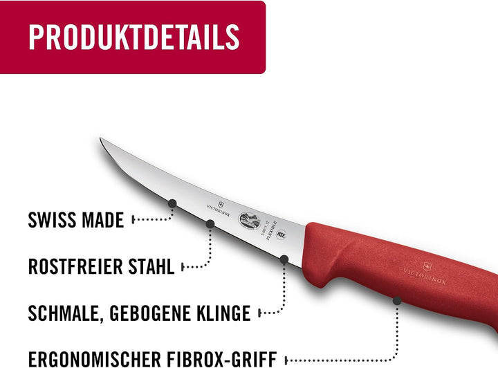 Victorinox Fibrox Ausbeinmesser, Scharfes Küchenmesser für Fleisch und Fisch, 12 cm, Gebogene Klinge