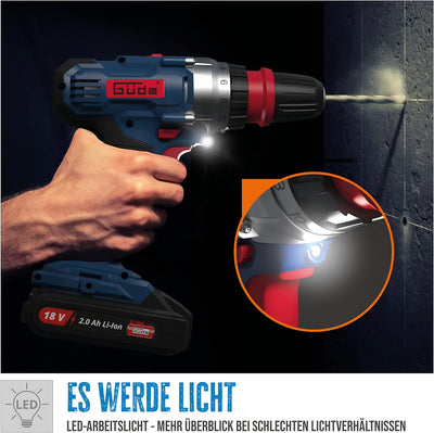 Güde 58526 Akku Bohrschrauber BS 18-201-30K II (18V, 19+1 Drehmomentstufen, integriertes LED-Arbeits