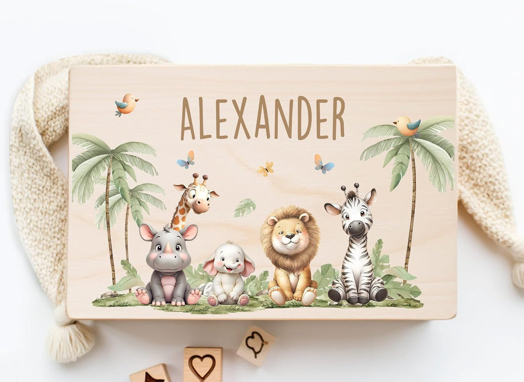 Little Deco Erinnerungskiste Personalisierte Baby Holzkiste | L - 40 x 30 x 20 cm | Safaritiere Gesc