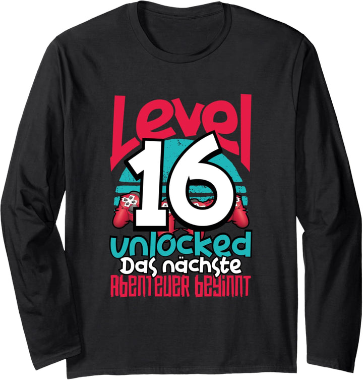 Level 16 Unlocked Gamer 16th Birthday Gift Cool Retro Gaming Langarmshirt