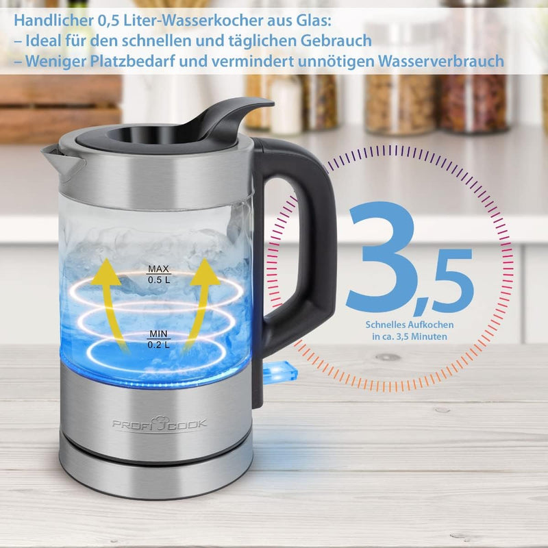 ProfiCook Wasserkocher Edelstahl beleuchtet, 0,5 Liter Mini Wasserkocher mit blauer Beleuchtung, Tee