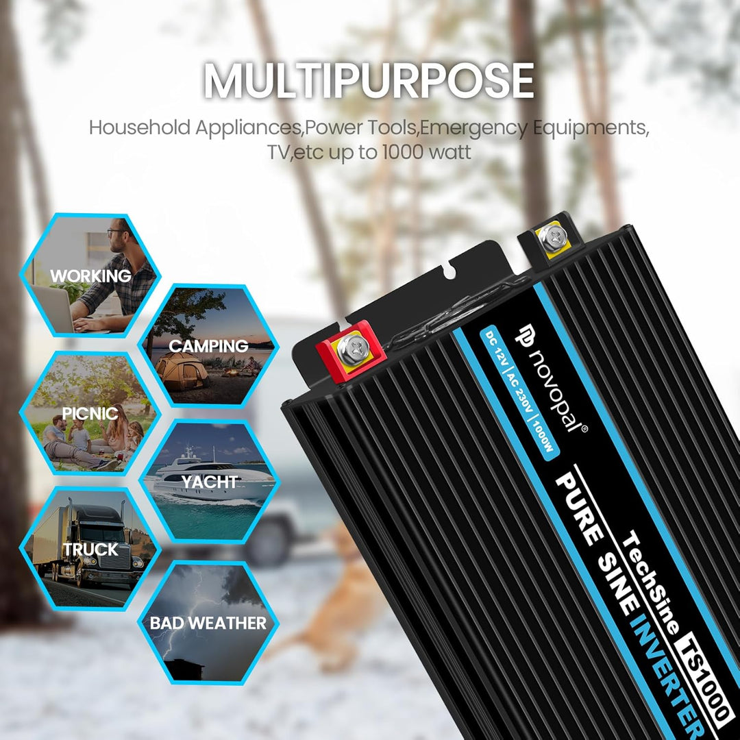 novopal 1000W KFZ Reiner Sinus Spannungswandler-Auto Wechselrichter 12v auf 230v Umwandler-Inverter