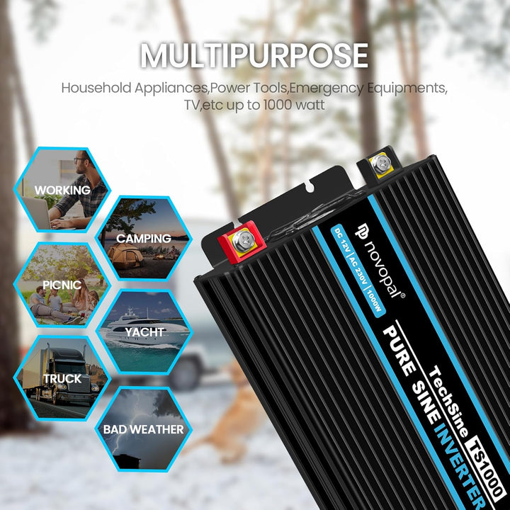 novopal 1000W KFZ Reiner Sinus Spannungswandler-Auto Wechselrichter 12v auf 230v Umwandler-Inverter