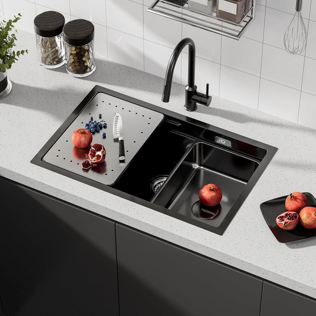 CECIPA Spülbecken Schwarz mit Armatur 70 x 44 cm 1 Becken Einbauspüle mit siphon für ab 80 cm Küchen