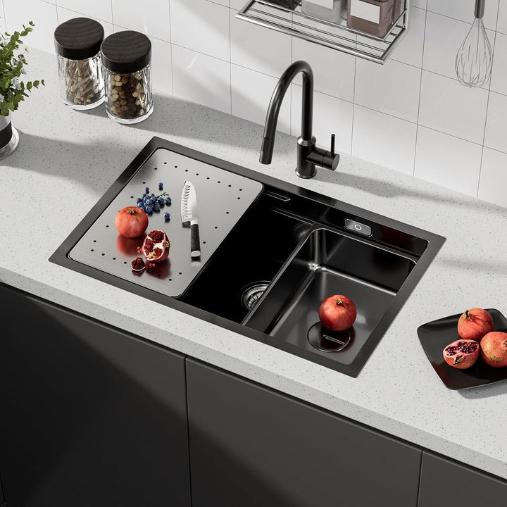 CECIPA Spülbecken Schwarz mit Armatur 70 x 44 cm 1 Becken Einbauspüle mit siphon für ab 80 cm Küchen