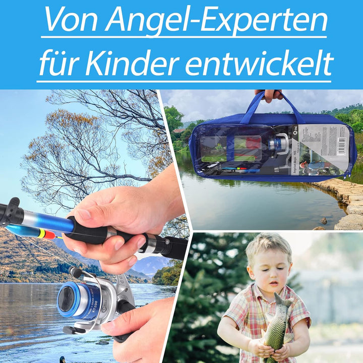 Q-Tac - Angelset für Kinder [Fertig montiert &amp; Angelrolle bespult] Teleskop-Angelrute 165 cm, Kinder