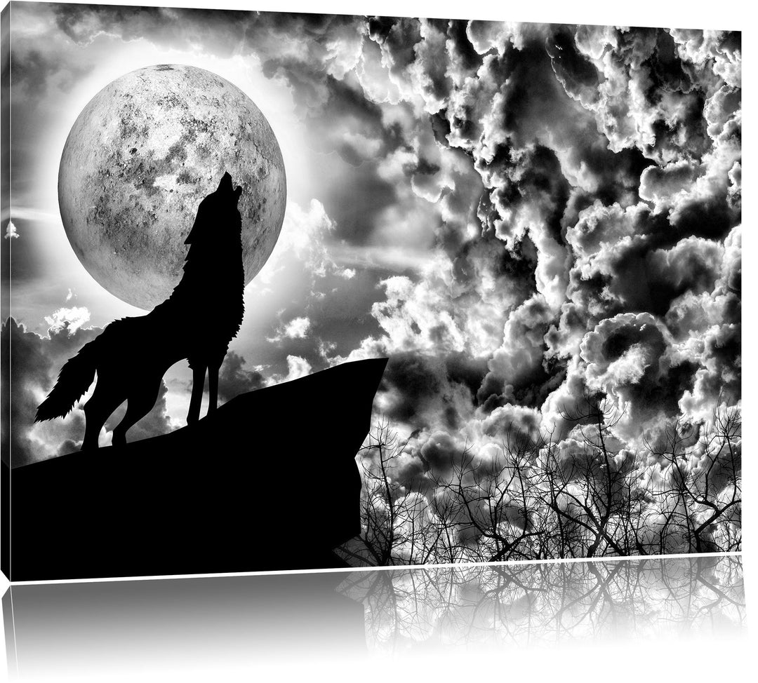 Pixxprint Wolf heult den Mond an als Leinwandbild/Grösse: 100x70 cm/Wandbild/Kunstdruck/fertig bespa