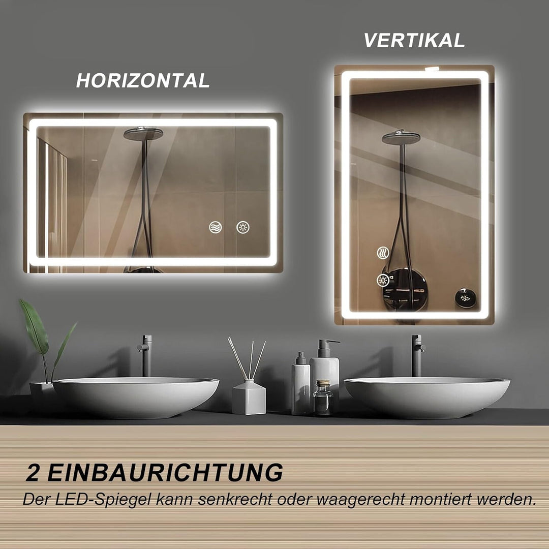 LED Badspiegel mit Beleuchtung, Spiegel mit Licht fürs Bad mit Stecker, Touch-Schalter und Beschlagf