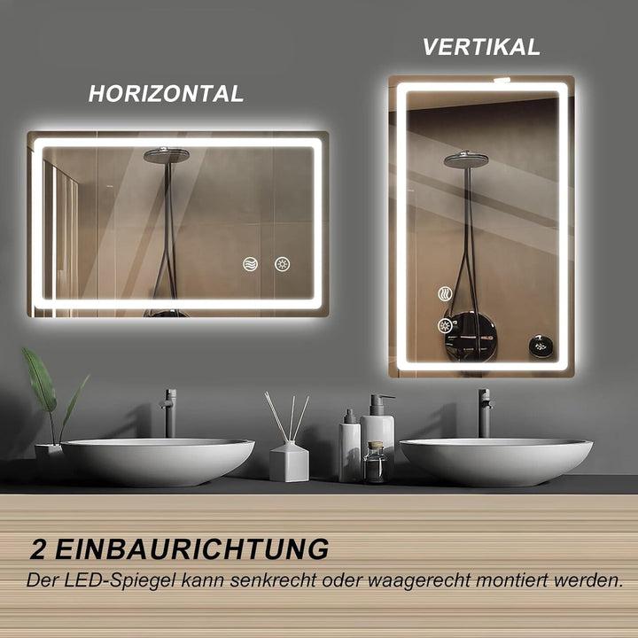 LED Badspiegel mit Beleuchtung, Spiegel mit Licht fürs Bad mit Stecker, Touch-Schalter und Beschlagf