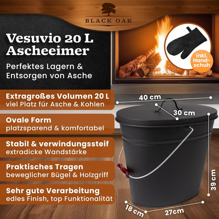 BLACK OAK Ascheeimer Vesuvio 20L mit Lederhandschuh – schwarz oval mit Deckel - gross 20 Liter - Sta
