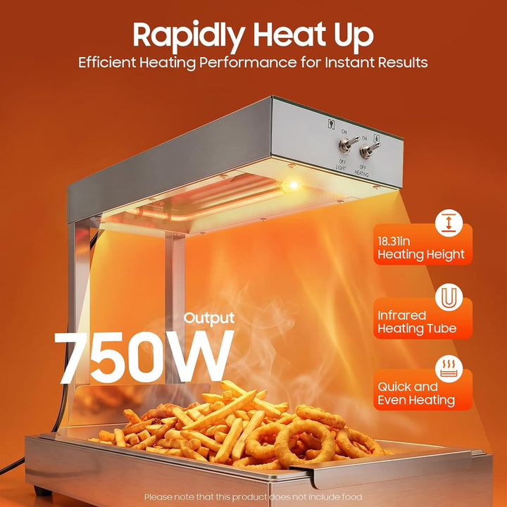 Pommes Frites Wärmer, 750W Pommeswärmer, 80℃ Wärmebrücke mit Beleuchtung, Dicke 0,55mm, Tabletop Ede