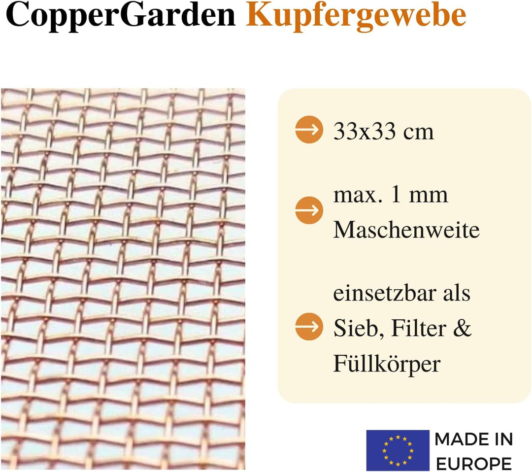 CopperGarden Kupfergewebe 33 x 33 cm quadratisch I feines Netz aus Kupferdraht I max. 1 mm Maschenwe