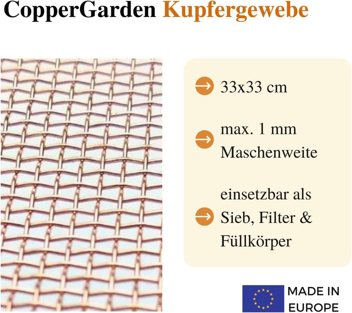 CopperGarden Kupfergewebe 33 x 33 cm quadratisch I feines Netz aus Kupferdraht I max. 1 mm Maschenwe