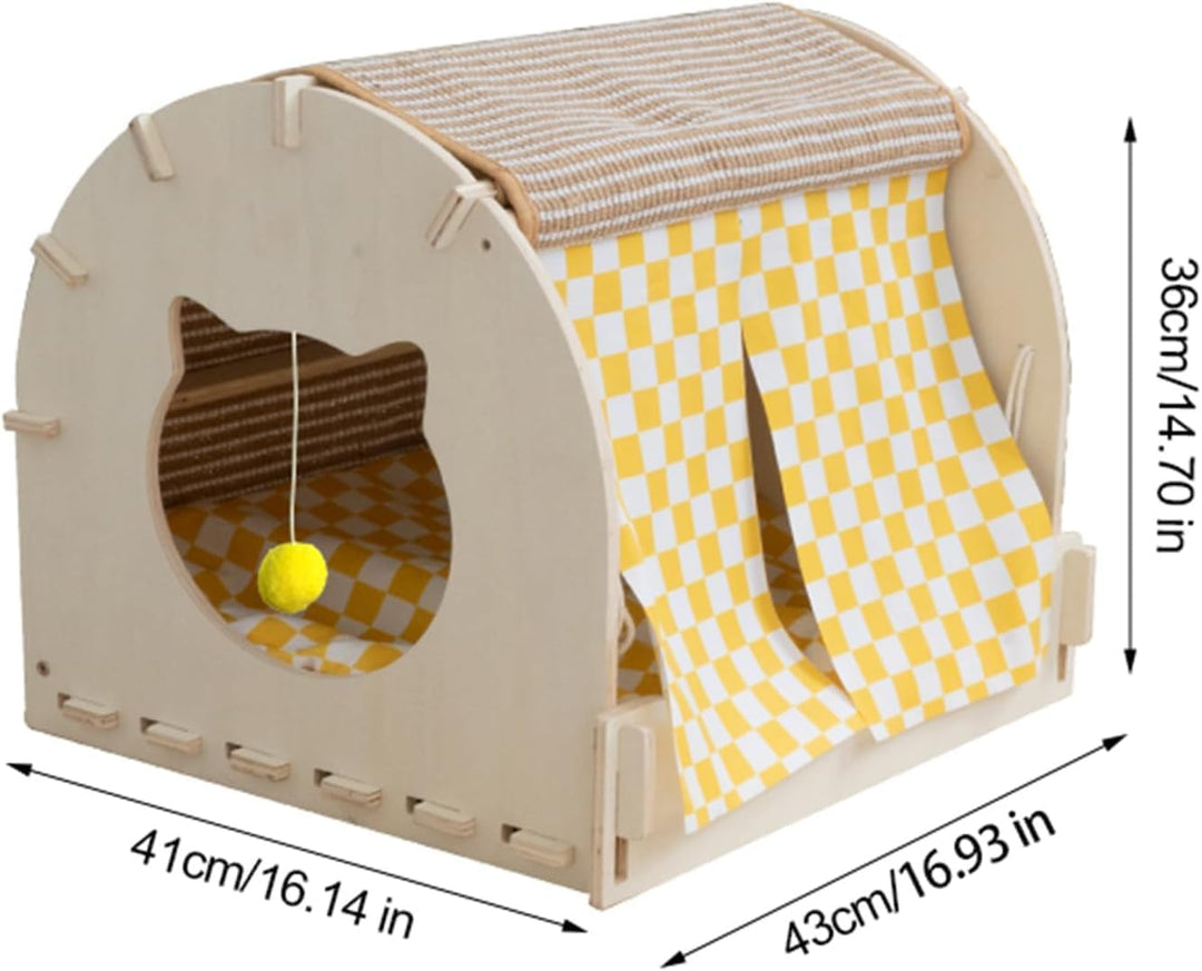 Katzenhaus aus Holz, 2-in-1 Katzenhaus mit Kratzbrett, Haustierhäuser, Katzenhöhle mit Kissen, Katze