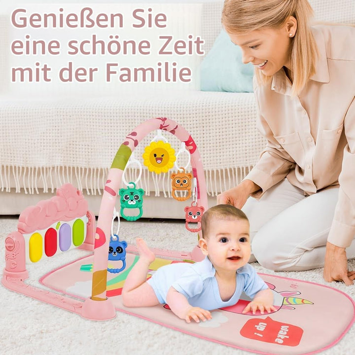 AOMIG Piano-Gym Spieldecke, Krabbeldecke mit Musik und Lichtern, Spielmatte mit Spielbogen abnehmbar