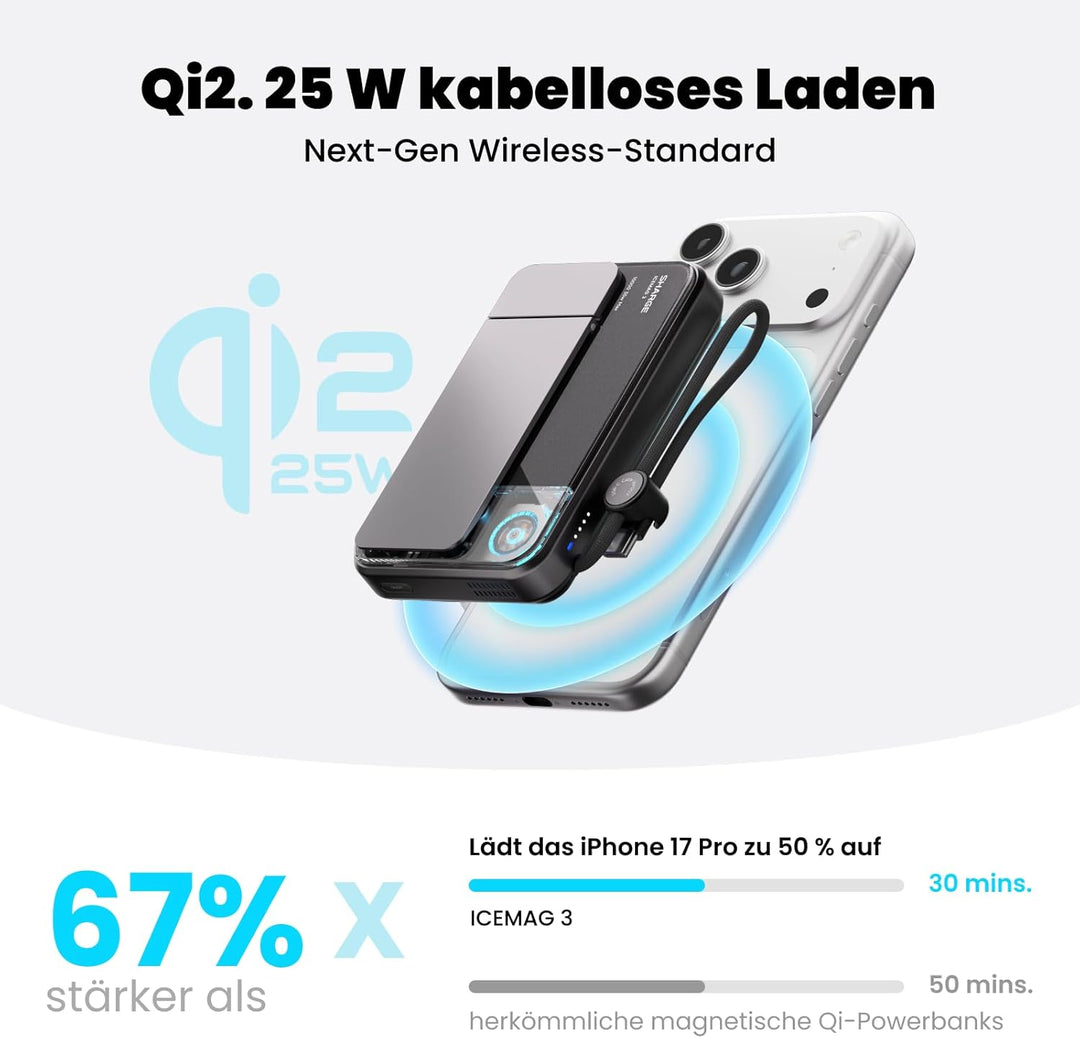 sharge ICEMAG 3 Magsafe Powerbank 10000mAh, Qi2.2 25W Magnetische Powerbank mit Active Cooling 3.0,