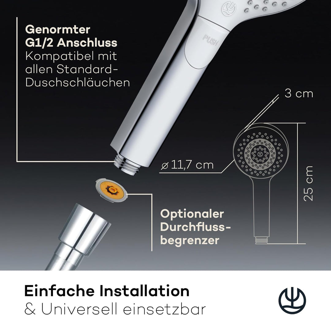 KLUDI-X3 Universal Duschkopf mit Schlauch, Duschbrause optional wassersparend mit 3 Strahlarten (Bod