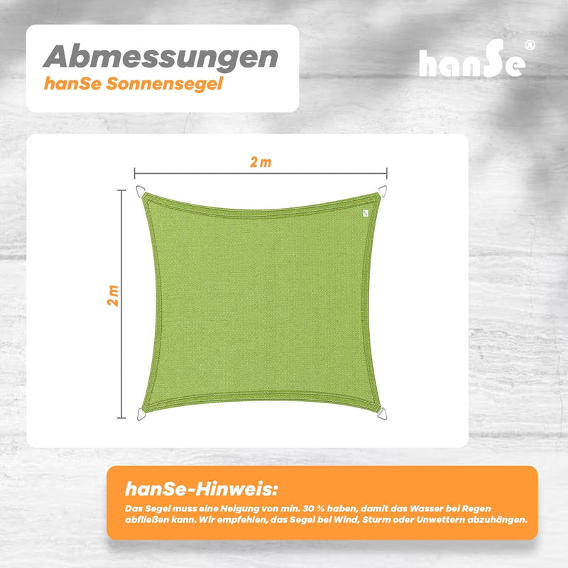 hanSe Sonnensegel quadratisch, Segeltuch Quadrat, 2x2 m in Limegrün, aus HDPE Gewebe, wetterbeständi