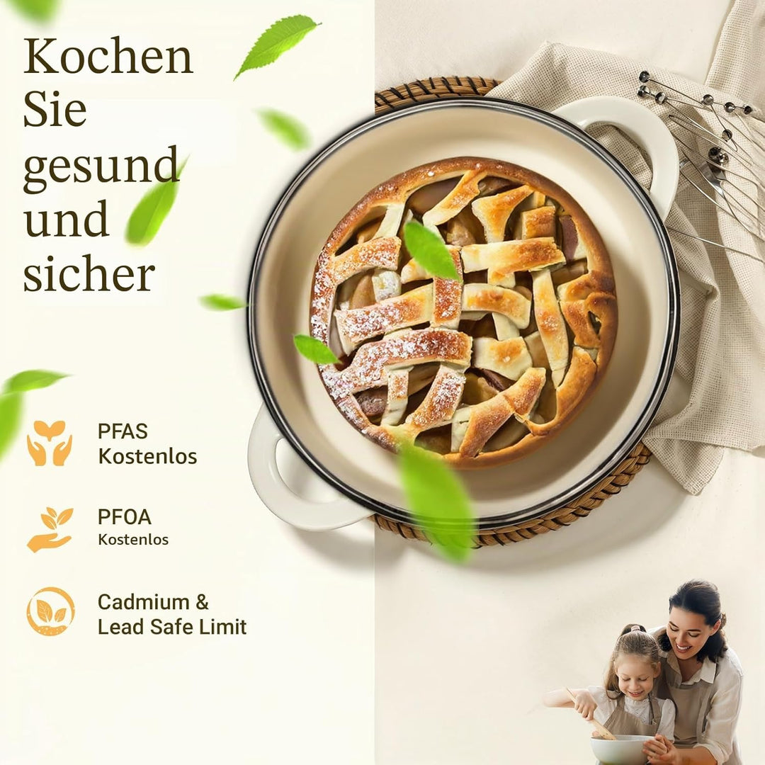 Overmont Bräter emaille Gusseisen Topf - Schmortopf 28cm backofengeeignet - mit Deckel und Kochbuch
