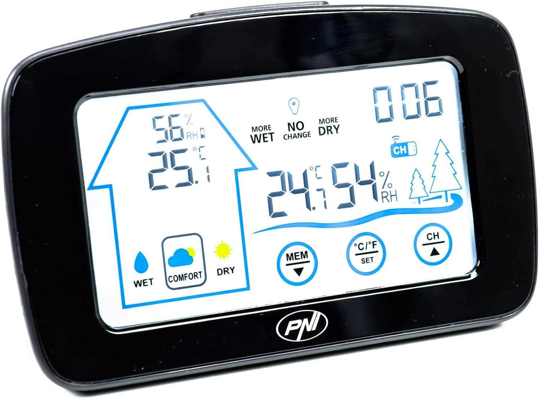 PNI Wetterstation MS500 mit drahtlosem externen Sensor, zeigt Temperatur und Luftfeuchtigkeit im Inn
