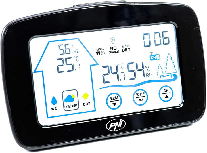 PNI Wetterstation MS500 mit drahtlosem externen Sensor, zeigt Temperatur und Luftfeuchtigkeit im Inn