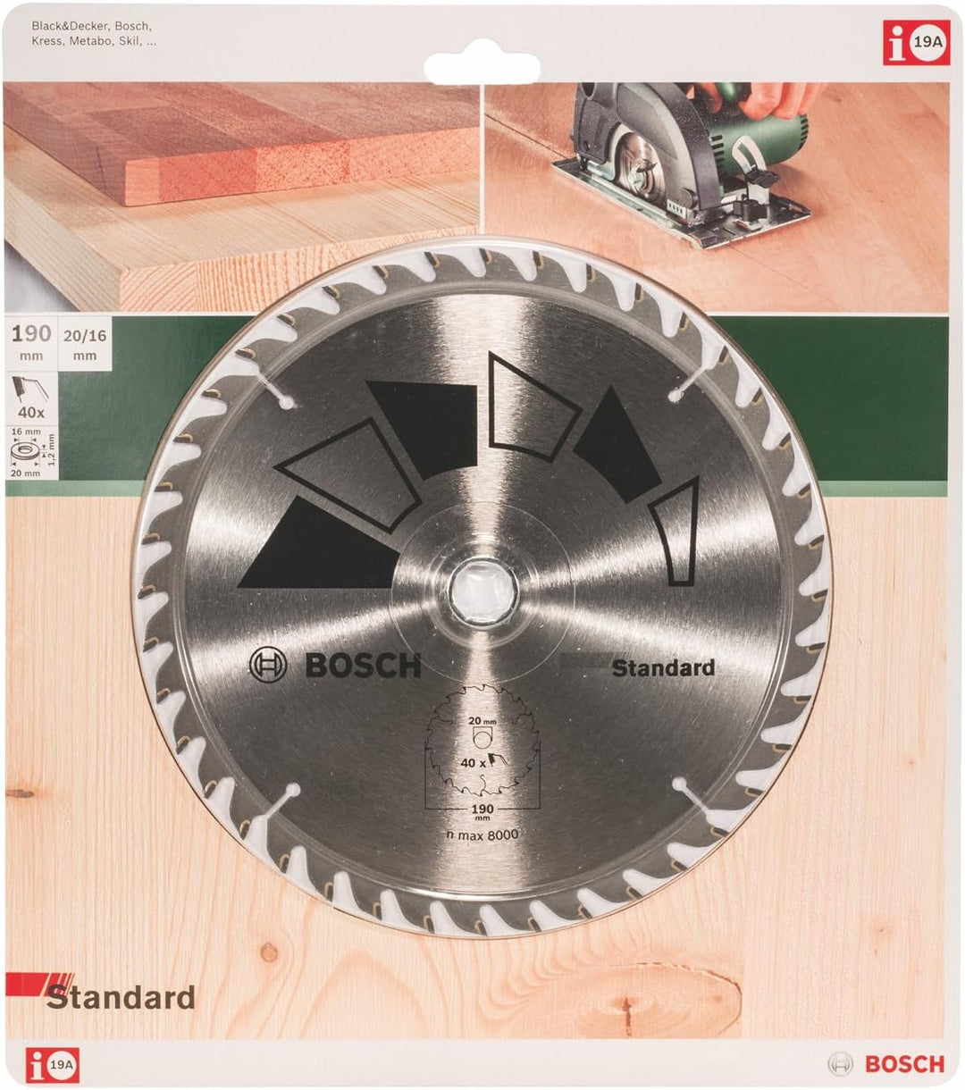 Bosch 1x Kreissägeblatt Standard (Sägeblatt für Holz, Ø 190 x 2.2/1.5 x 20/16 mm, 40 Zähne, ATB, mit