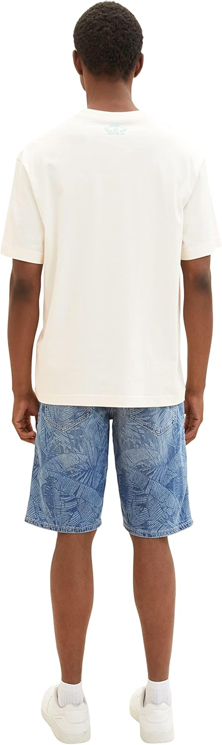TOM TAILOR Herren Relaxed Fit Jeans Bermuda Shorts mit Palmen-Print, 31748 - Light Banana Leaf Lazer