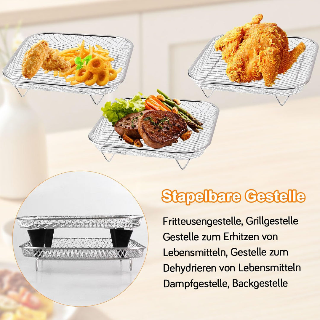 3 Stück Gitter für Heissluftfritteuse 20 cm, Edelstahl, Zubehör Heissluftfritteuse, mit Silikonecke,