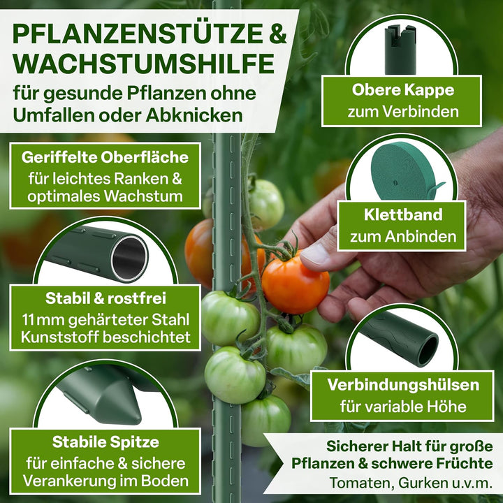 TTL GARDEN Rankstäbe 15er Set 240 cm x 11mm Ø grün + Klettband &amp; Clips | - Rankhilfe Pflanzstäbe Sta