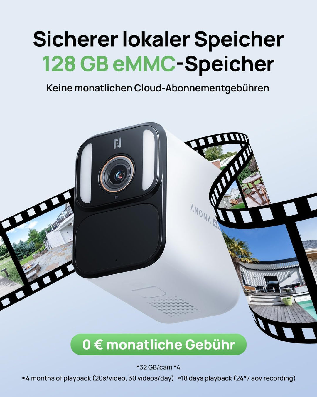 Anona Aurora 4K Solar Überwachungsset (4er-Pack) für Aussen, kabellos, 8MP Farb-Nachtsicht, 24/7-AOV