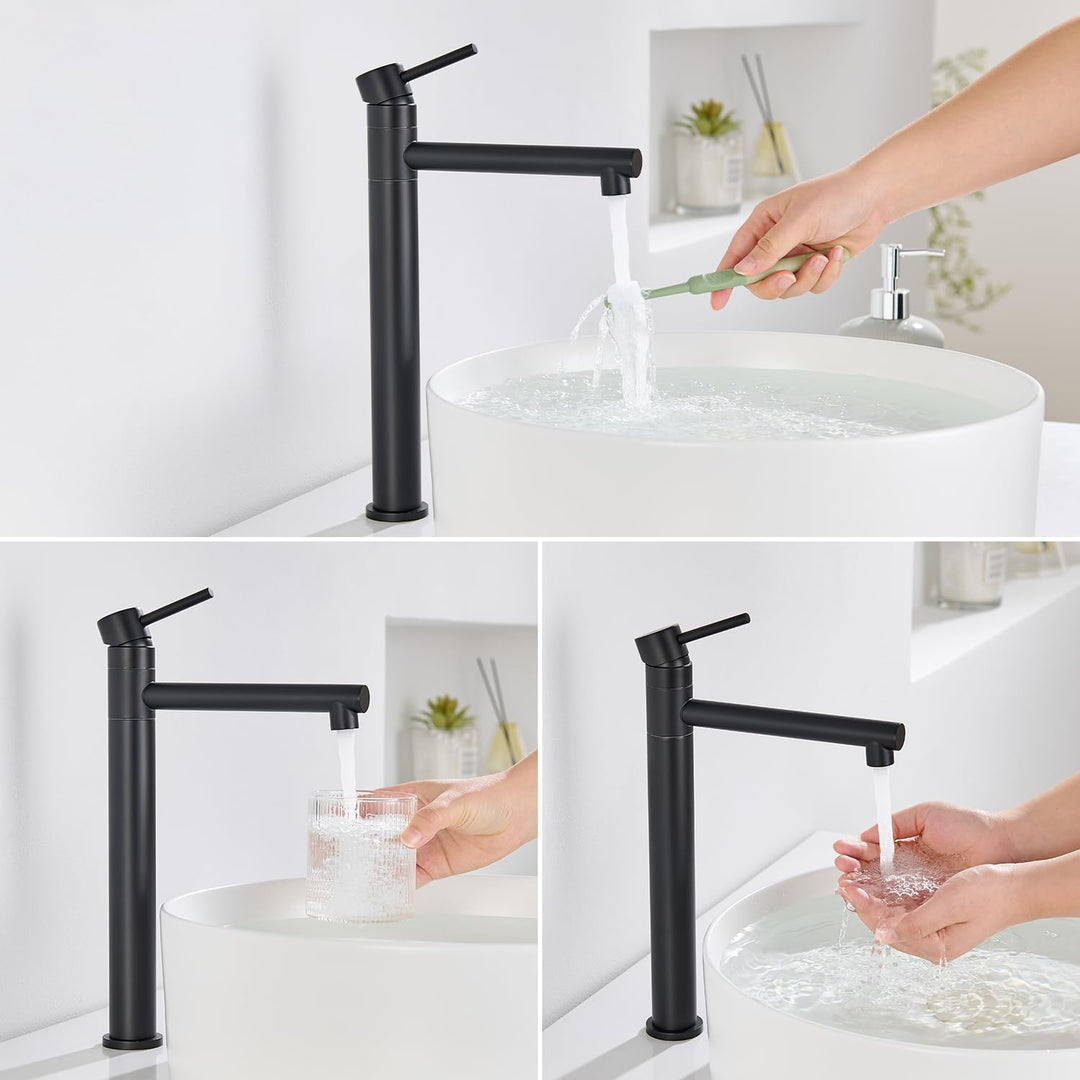 Waschtischarmatur Hoch, Wasserhahn Bad Schwarz Matt für Aufsatzwaschbecken, 360° Schwenkbar Armatur