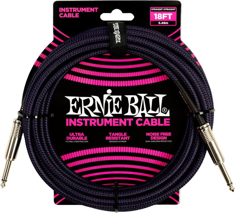 Ernie Ball Geflochtenes Instrumentenkabel Gerade (18 ft), Lila/ Schwarz, 5,5 m Lila/schwarz 5,5 m Ge