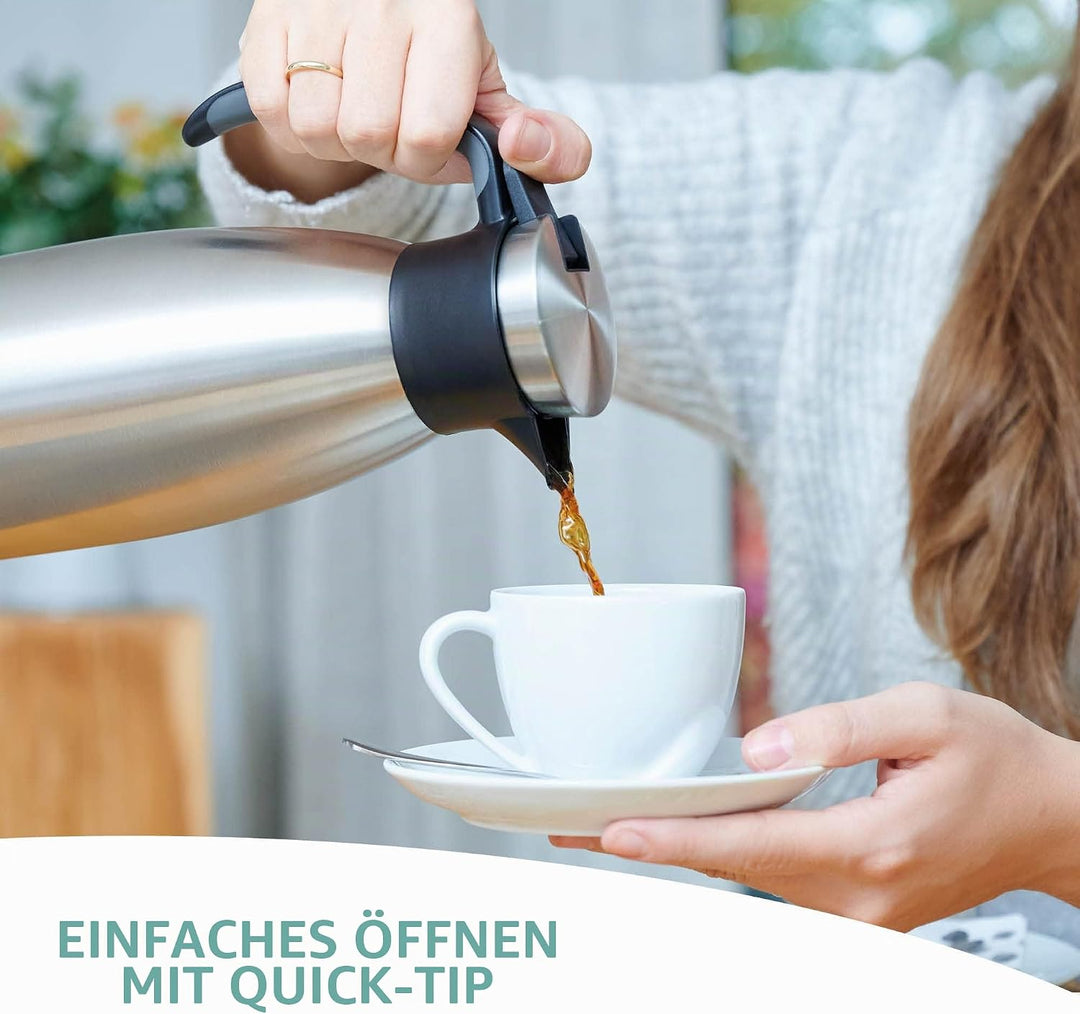 Emsa 514499 Isolierkanne |1,5 Liter | Quick Tip Verschluss, Soft Grip | Edelstahl | schwarz &amp; 514549
