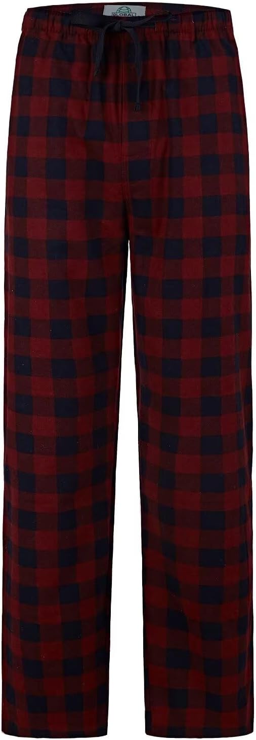 GLOBAL Herren Schlafanzughose 100% Baumwolle Flanell XL Rot Kariert & Blaugrün Kariert, XL Rot Karie