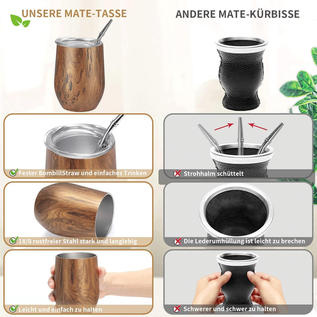 TELANKS Mate Becher, 340 ml Teetassen Set, Edelstahl doppelwand isolier Enthält Bombillas und eine R