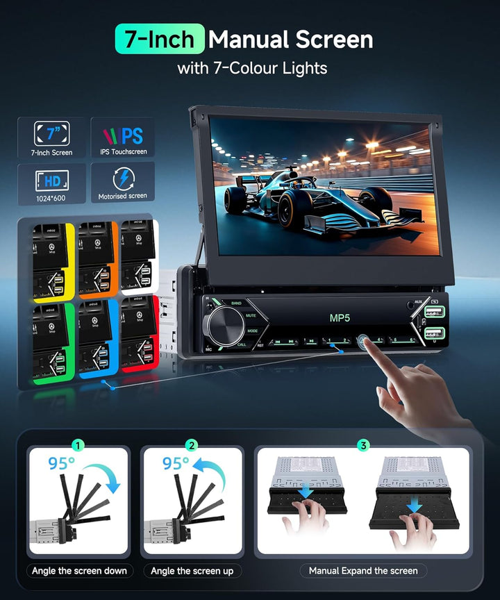 Autoradio 1 Din Carplay Android Auto Wireless mit 7 Zoll Manuell einziehbar Bildschirm,FM Radio mit