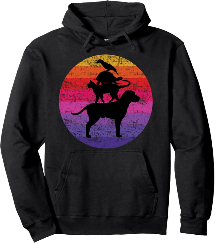 Vintage Gestapelte Tiere Haustiere Retro Sonnenuntergang Sun Pullover Hoodie