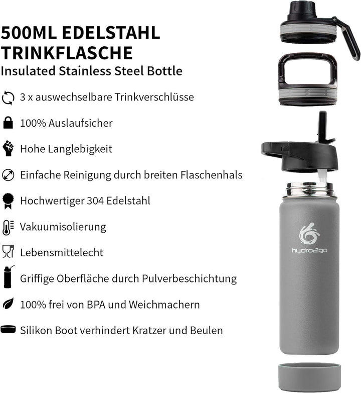 hydro2go ® Trinkflasche aus Edelstahl 500 ml / 0.5 Liter - für Kinder, Schule, Sport, Fitness & Outd