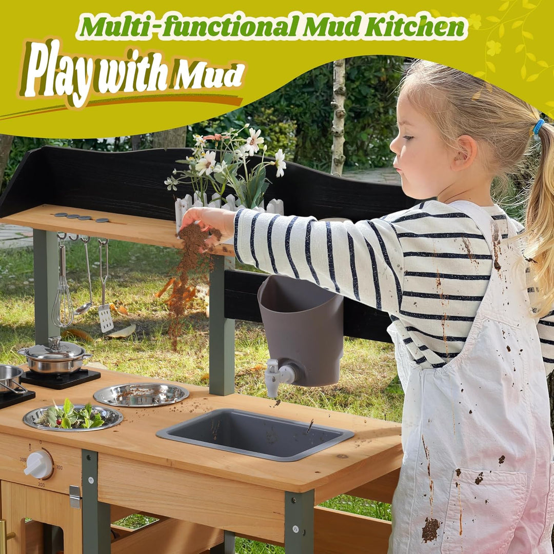 ROBUD Kinder Matschküche Holz, Spielküche mit Echtem Wasserhahn, Pflanzkasten, Insektenkasten, Rolle