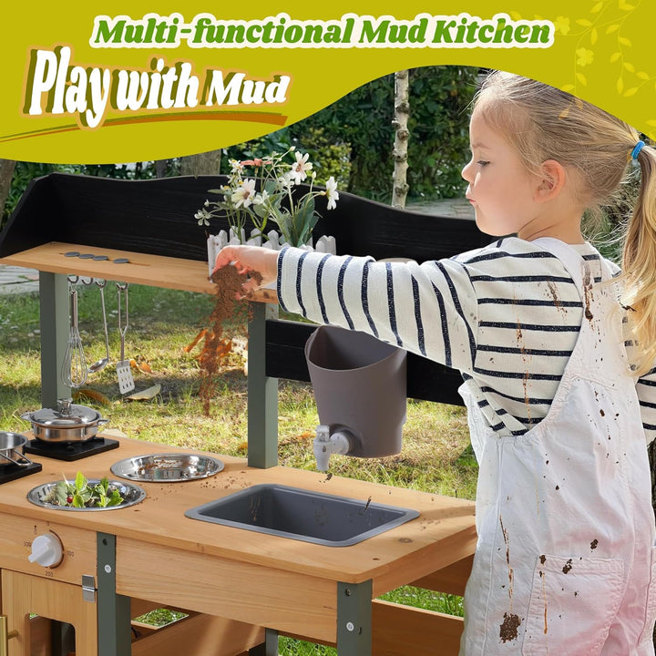 ROBUD Kinder Matschküche Holz, Spielküche mit Echtem Wasserhahn, Pflanzkasten, Insektenkasten, Rolle