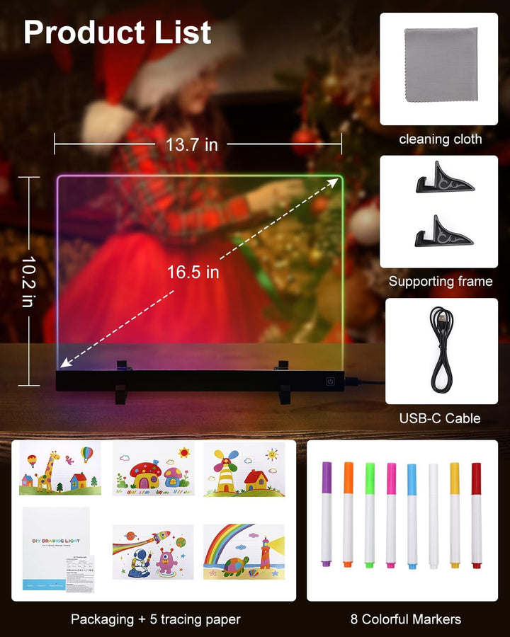 LED Zeichenbrett, 35x26 CM LED Maltafel, Acryl Notiztafel mit 4 Lichtmoden, Einstellbare Helligkeit,