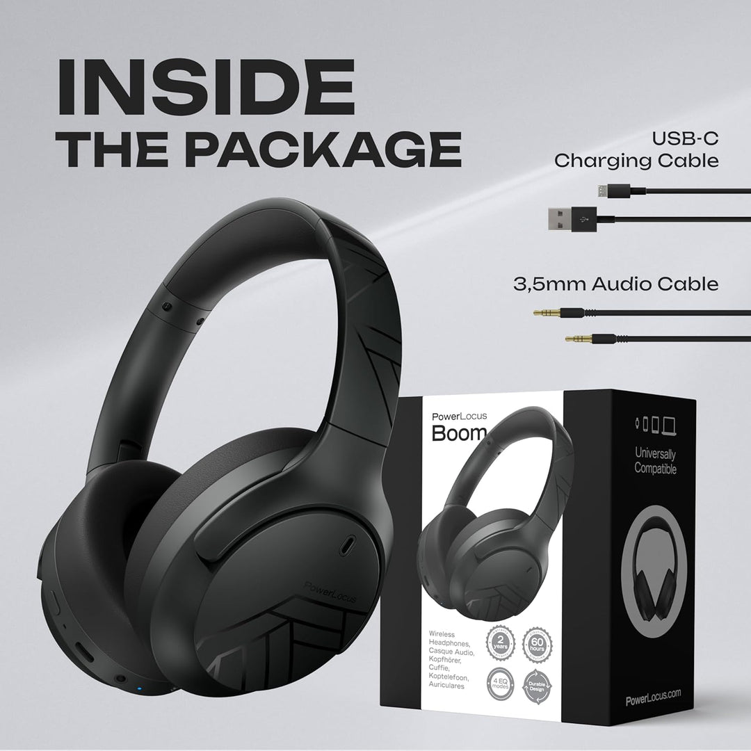 PowerLocus Bluetooth Kopfhörer Over Ear, 60 Std Spielzeit, Kopfhörer Kabellos mit 4 EQ-Modi, Hi-Fi S