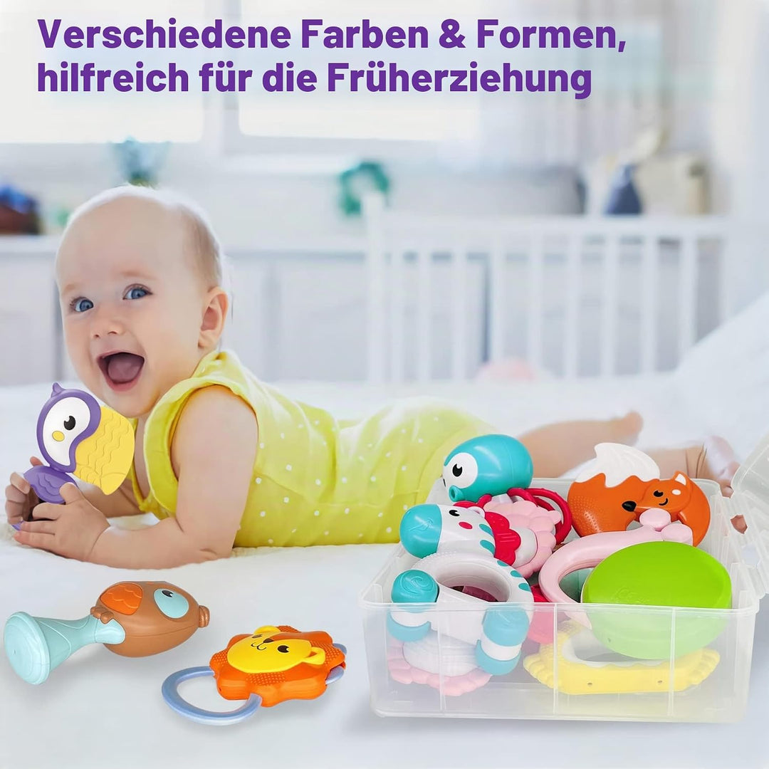 fiouni Rassel-Beissring-Set Babyspielzeug Greifspielzeug Baby ab 0 3 6 9 12 Monate für Jungen Mädche