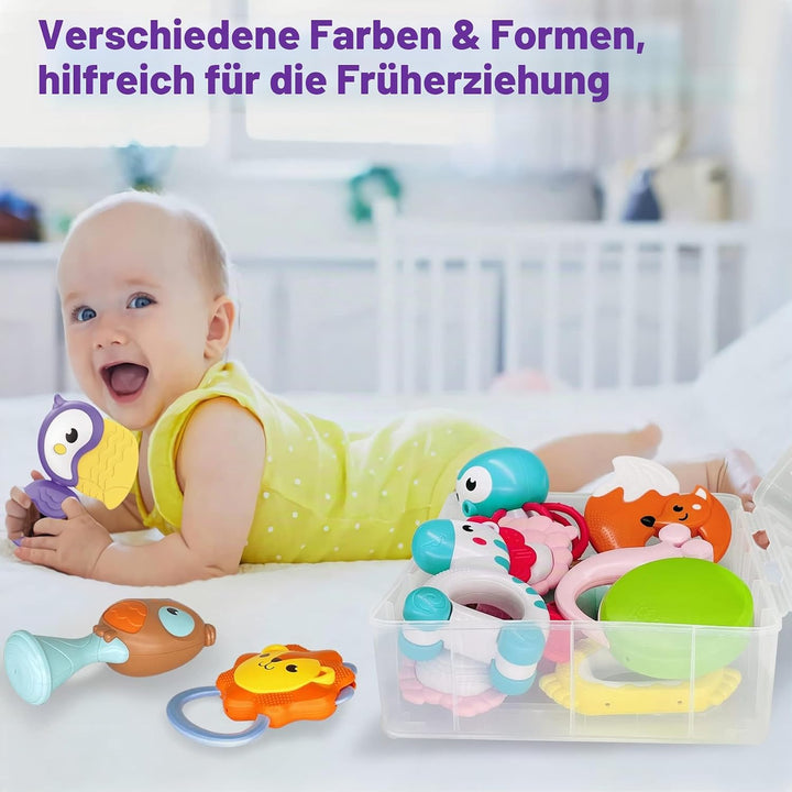 fiouni Rassel-Beissring-Set Babyspielzeug Greifspielzeug Baby ab 0 3 6 9 12 Monate für Jungen Mädche