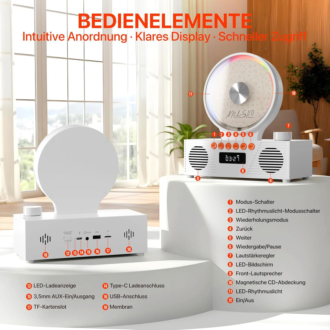 ROADOM Retro CD-Player mit Bluetooth 5.3 & Dualen Lautsprechern, 4000mAh Akku, 6-in-1 Wiedergabe (CD