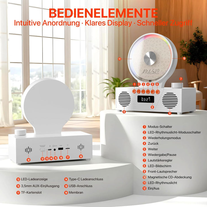 ROADOM Retro CD-Player mit Bluetooth 5.3 & Dualen Lautsprechern, 4000mAh Akku, 6-in-1 Wiedergabe (CD